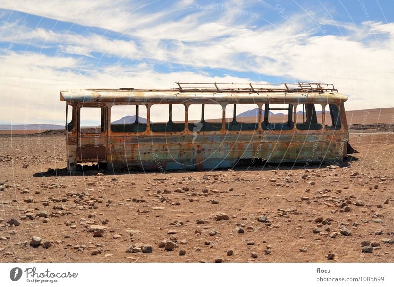 Abandoned bus in the desert, Atacama, Chile, Bolivia Vacation & Travel Landscape Earth Sky Transport Street Vehicle Car Rust Old Bright Funny Retro Brown Red