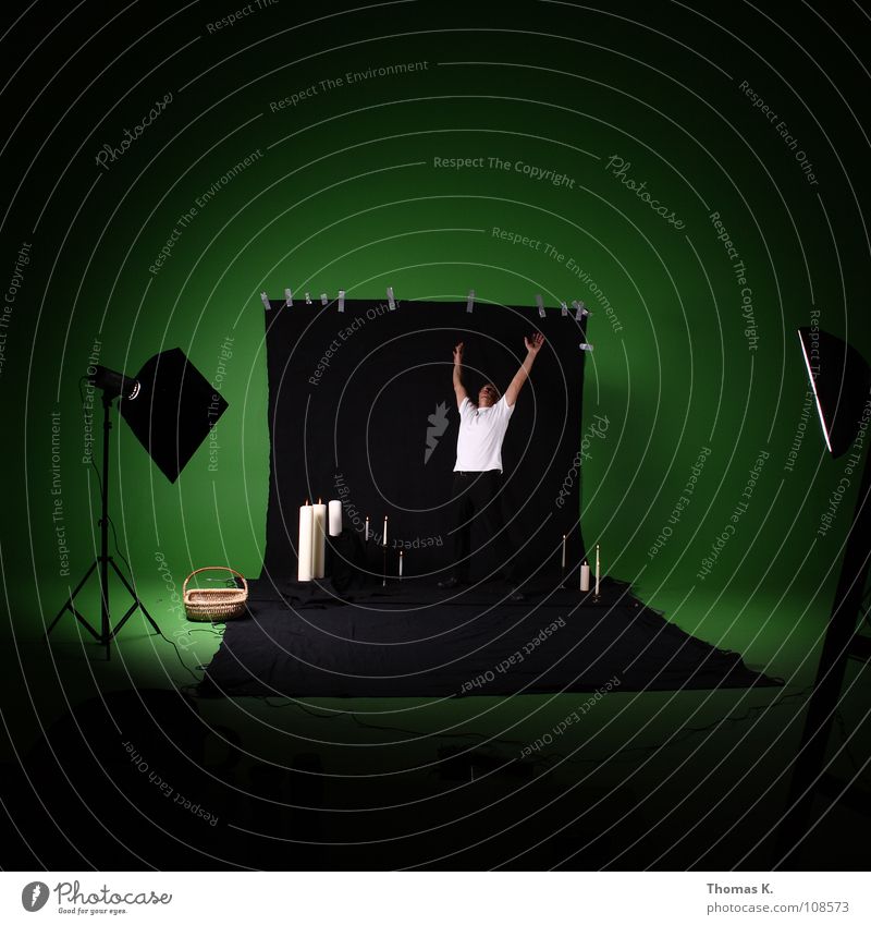 Green Screen Abuse. Workshop Black Candle Photography Background picture Adhesive tape Basket Tripod Illuminate Softbox Humor Production Preparation