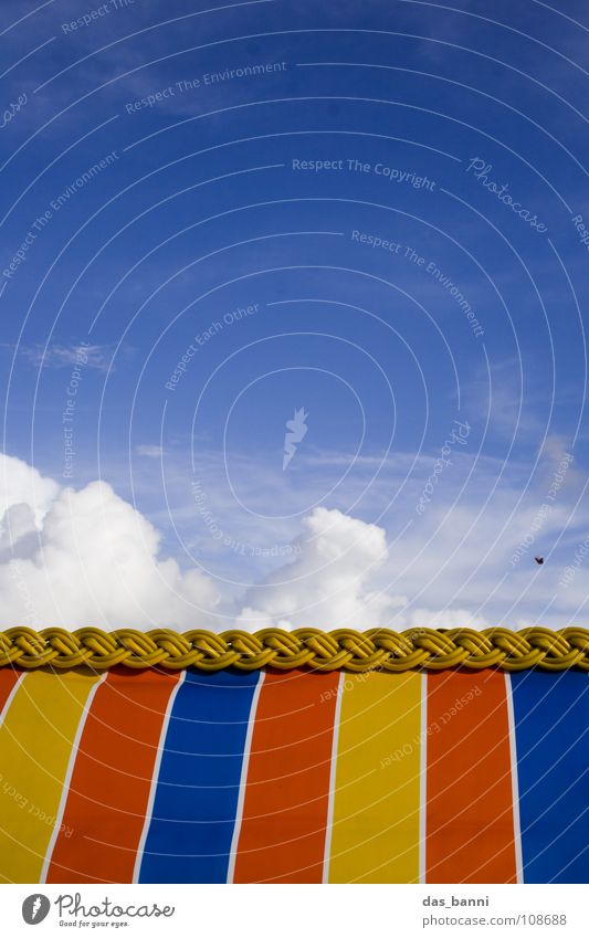 beach stories Clouds Cotton candy White Red Yellow Striped Beach chair Ocean Vacation & Travel Summer Physics Cold Abstract Image format Cut Rainbow Longing
