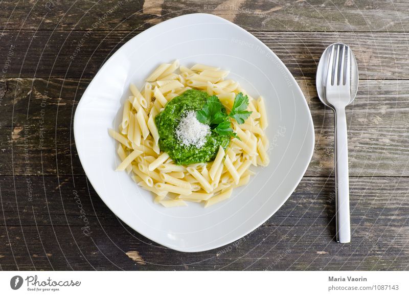 parsley pesto Food Herbs and spices Nutrition Lunch Vegetarian diet Plate Cutlery Fork Spoon Kitchen Healthy Delicious Green Italien pesto Noodles Parsley