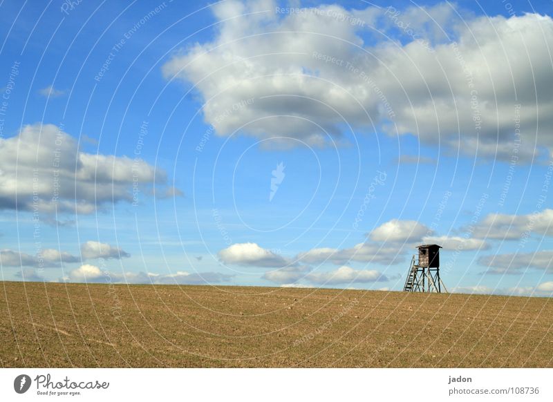 Tower f8 Hunting Blind Meadow Field Clouds Loneliness White Horizon Brandenburg Calm Background picture Flat (apartment) Sky Ladder Blue windows Landscape