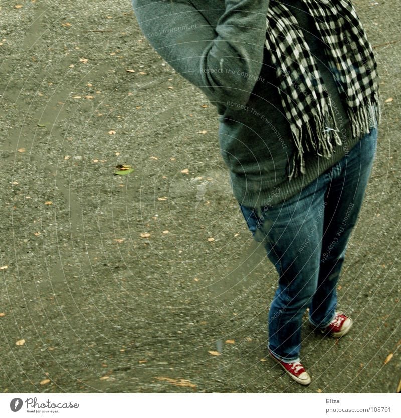 street posing Mirror Asphalt Chucks Footwear Might Scarf Youth (Young adults) Gray Green Checkered Round Reflection Posture Distorted Street Human being Jeans