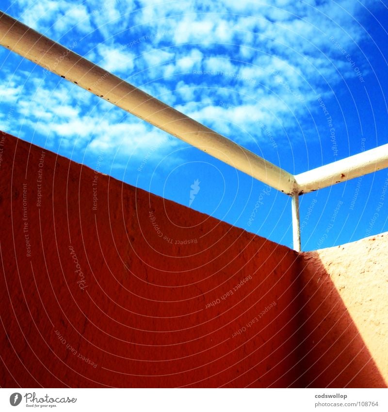 un petit coin de paradis Physics Sky Balcony Clouds Detail Summer Warmth sunshine railing Handrail shade Shadow Angle Corner Orange blue perspective