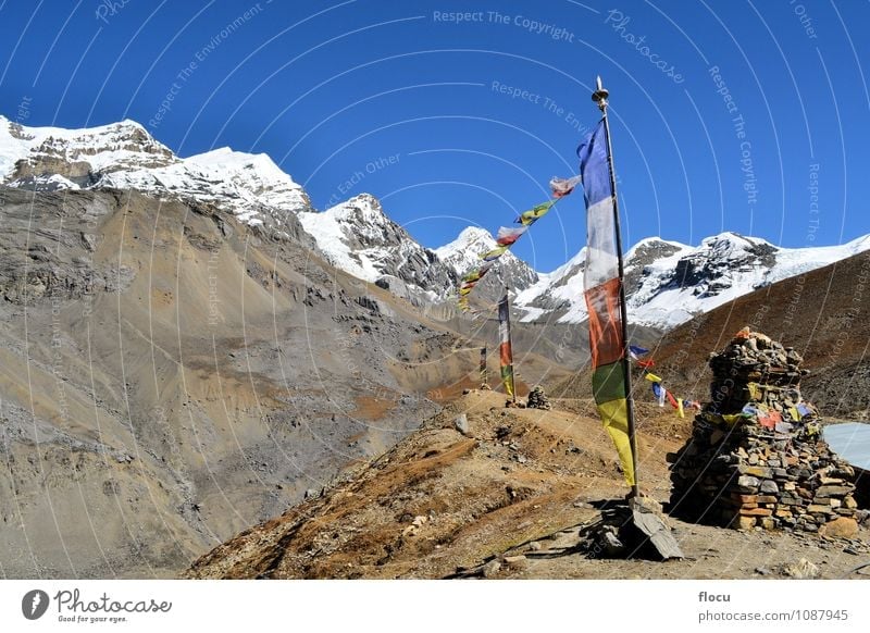 Buddhist prayer flags flowing in the wind in Himalayas Face Vacation & Travel Winter Snow Mountain Hiking Climbing Mountaineering Landscape Sky Wind Park Rock