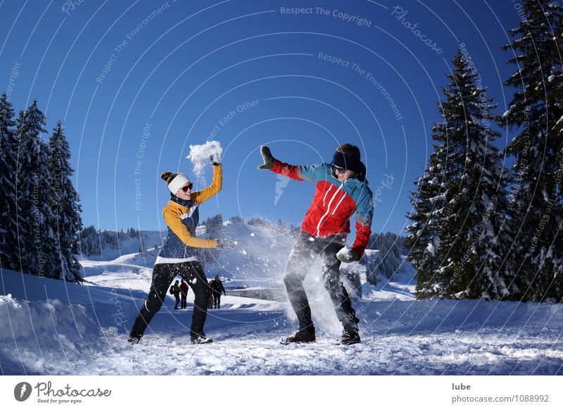 snowball fight Happy Winter Snow Winter vacation Fitness Sports Training Winter sports Human being Couple Partner 2 18 - 30 years Youth (Young adults) Adults