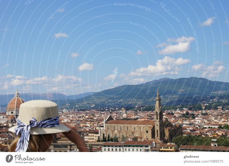 View over Florence Vacation & Travel Far-off places Summer Feminine 1 Human being Italy Town Church Dome Tourist Attraction Hat Bow Observe Relaxation Dream Old