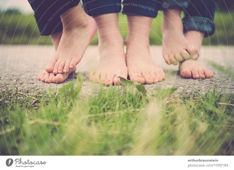Feet barefoot on the street in front of the meadow Pedicure Garden Parenting Human being Masculine Feminine Child Young woman Youth (Young adults) Mother Adults