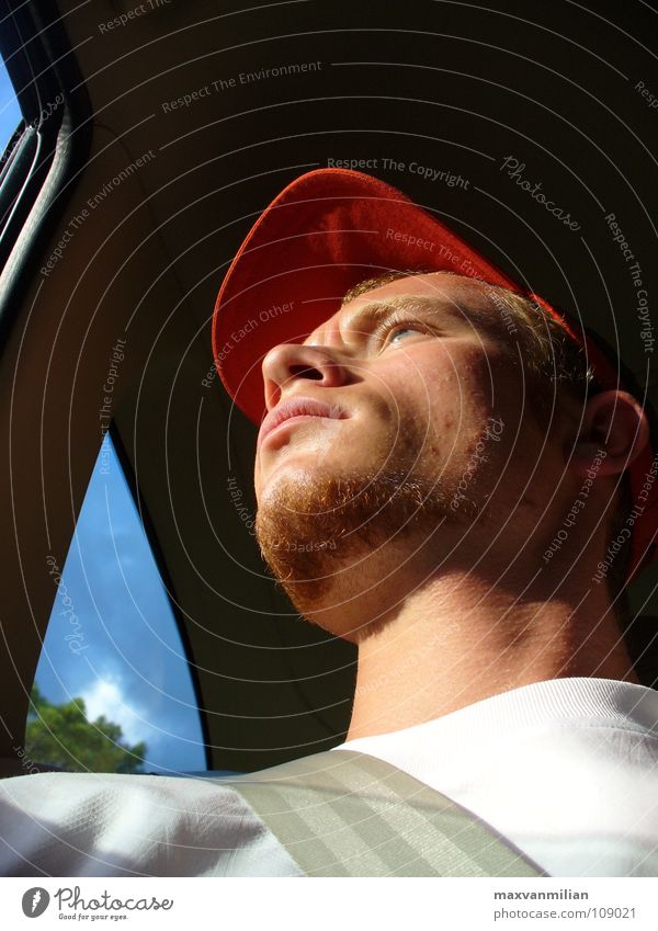 Tame from the inside Portrait photograph Red Cap Vacation & Travel Transport Car Human being Sky Belt