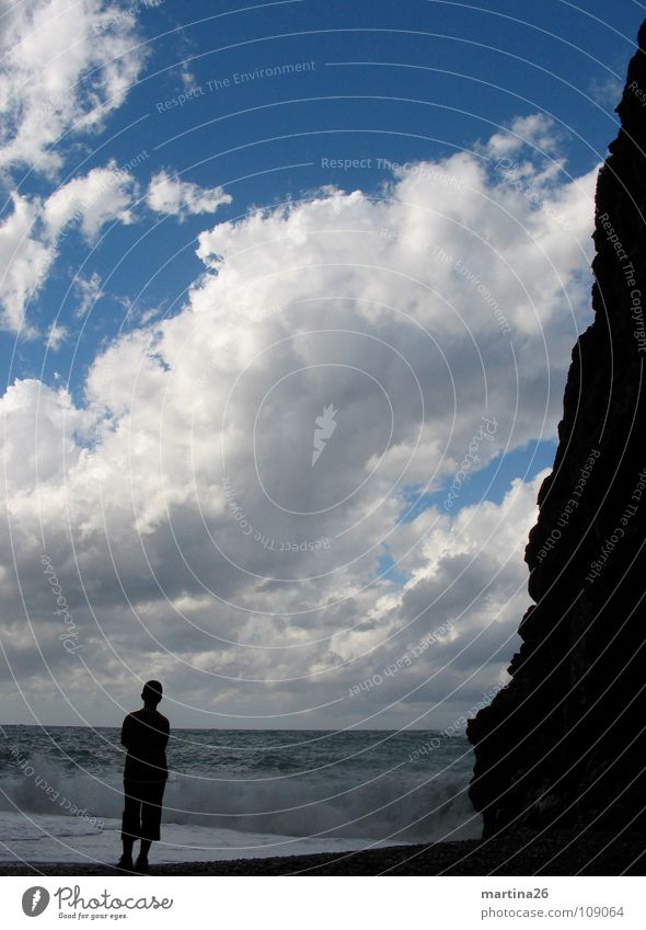 The young man and the sea Loneliness Longing Horizon Ocean Clouds Waves Looking away Natural phenomenon Impressive Think Romance Torrent de Pareis Lake Sky