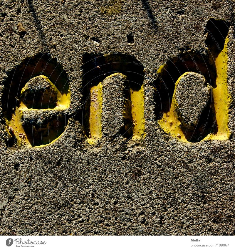 This is the end ... Stone slab Typography Yellow Gray Hard End Past Completed Polished section Light and shadow Shadow Darken Letters (alphabet) Characters