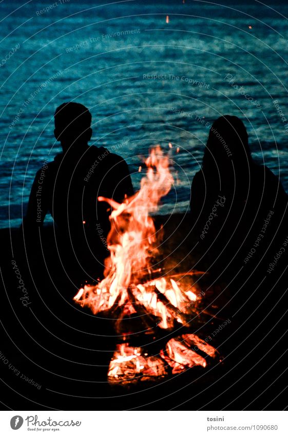 campfire Water Romance Fireplace Camp fire atmosphere Wood Relaxation Relationship Group Lakeside Embers Young man Woman Meditative Tent camp Camping