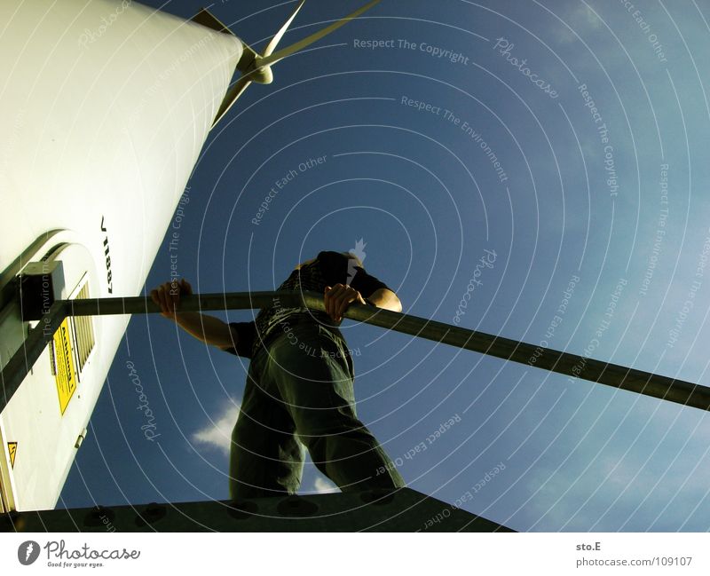 the height Fellow Human being Wind energy plant Ecological Renewable energy Rotate Circle Tin Stitching Electricity Reaction Function Breeze Gale Gust of wind