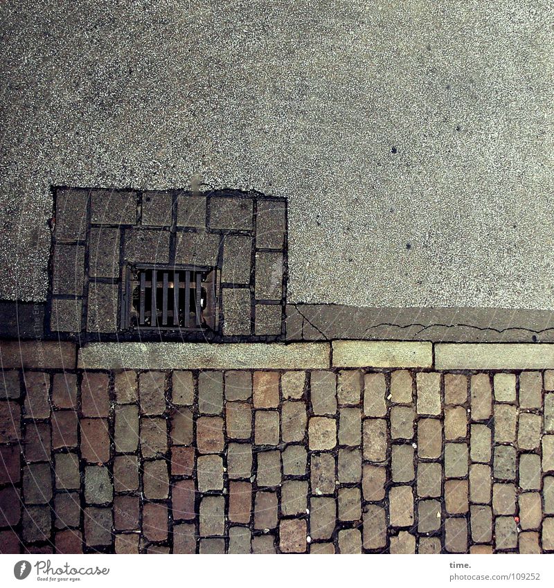 Another Gate to the Underworld [III] Subdued colour Exterior shot Services Traffic infrastructure Street Metal Gray Red Drainage Gully Curbside Tar Asphalt