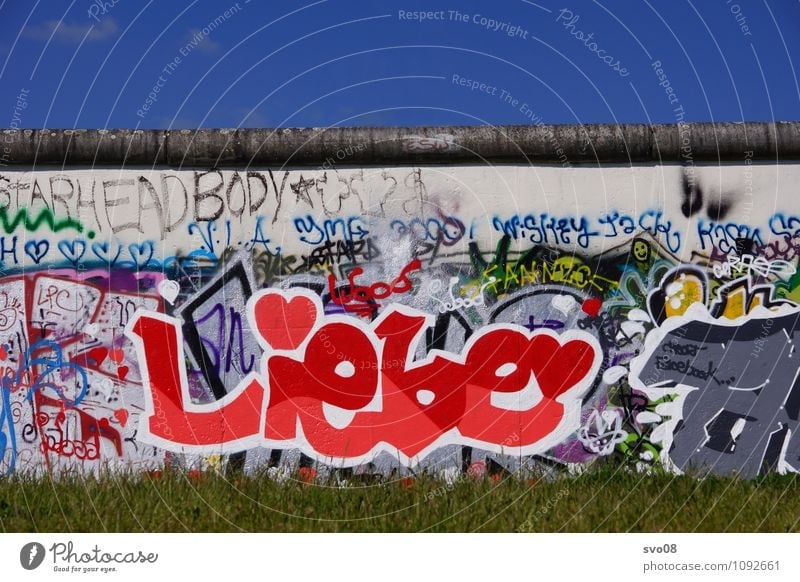 East Side Gallery Love Art Nature Town Sign Characters Wall (barrier) Berlin Eastside Gallery The Wall Graffiti Blue sky Heart-shaped Colour photo Exterior shot