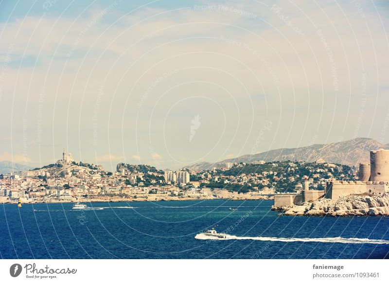 View of Marseille Landscape Beautiful weather Coast Ocean Island Hot Southern France Port City Watercraft Château d'If Blue Marine blue Notre Dame de la Garde