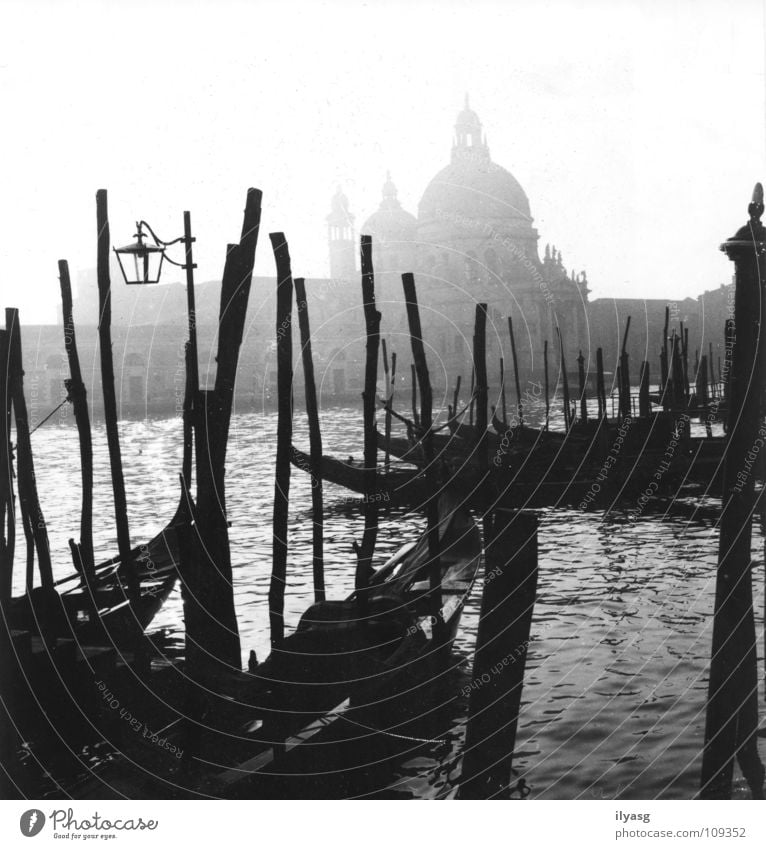 Venice in January Canal Grande Fog Lagoon Italy Traffic infrastructure Water Black & white photo Channel Gondola (Boat)