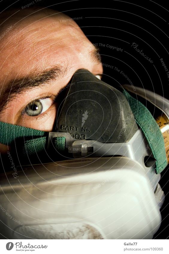 breathing protection Breathe Fresh Air Dirty Pure Dangerous Polluted Portrait photograph Man Oxygen Respirator mask Environment Fisheye Work and employment Mask