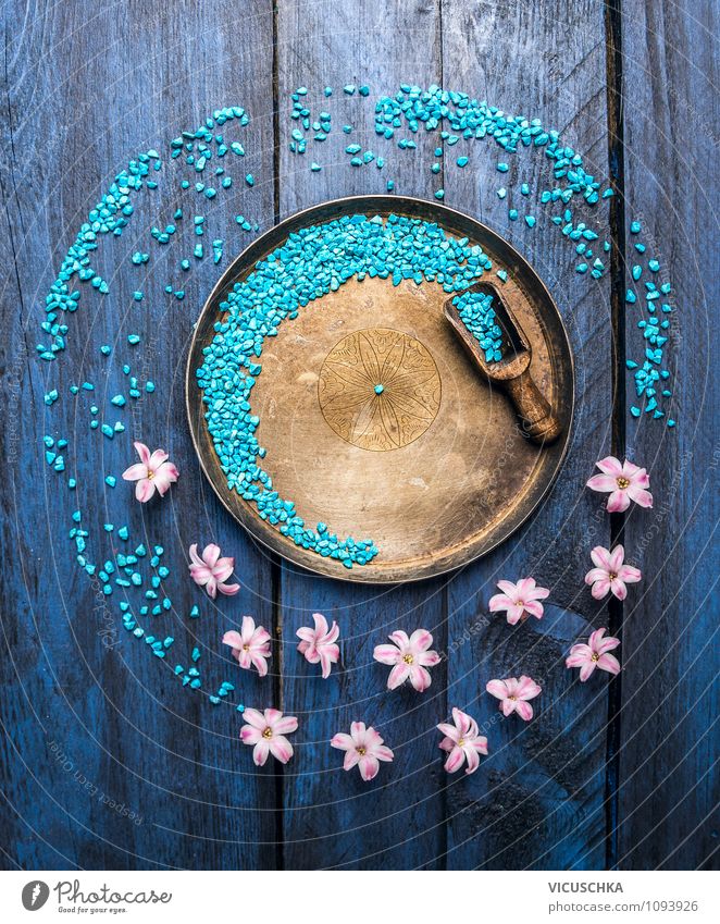 Bowl with blue bath salt, shovel and flowers. Elegant Style Design Healthy Wellness Well-being Relaxation Meditation Cure Spa Massage Bathroom