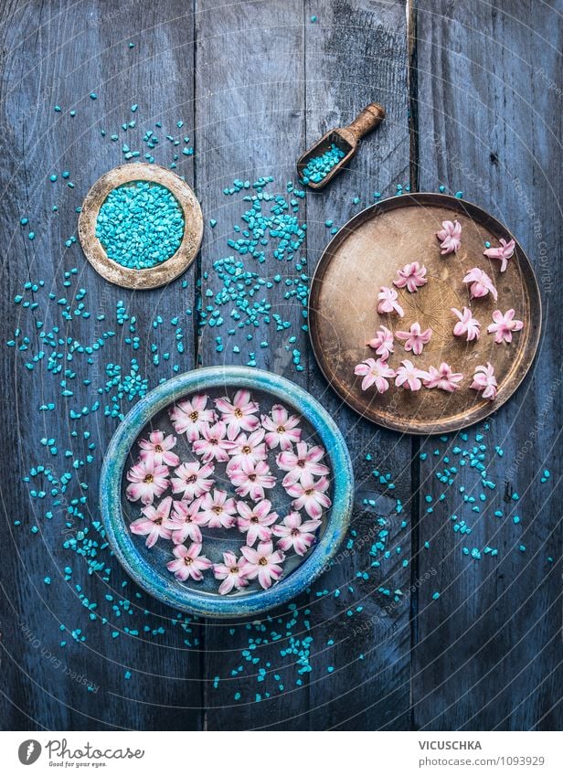 Bowls with flowers, water and blue bath salts. Style Design Beautiful Personal hygiene Medical treatment Alternative medicine Wellness Relaxation Meditation