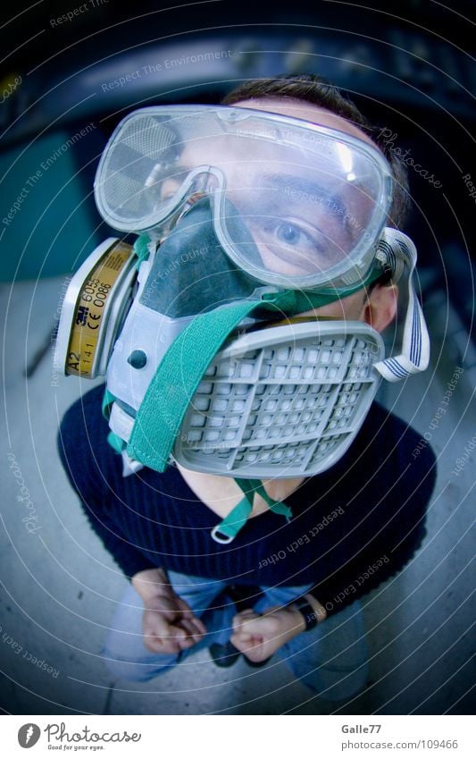 according to regulations Breathe Fresh Air Dirty Pure Dangerous Polluted Portrait photograph Man Oxygen Respirator mask Environment Fisheye Work and employment