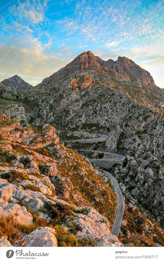 Road to Sa Calobra... Environment Nature Landscape Sky Clouds Summer Bushes Rock Mountain Desert Moody Majorca Colour photo Exterior shot Deserted Evening Light