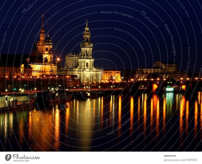 Old Town-Dresden Hofkirche Night Light Semper Opera Steamer Watercraft Elbe River bridge