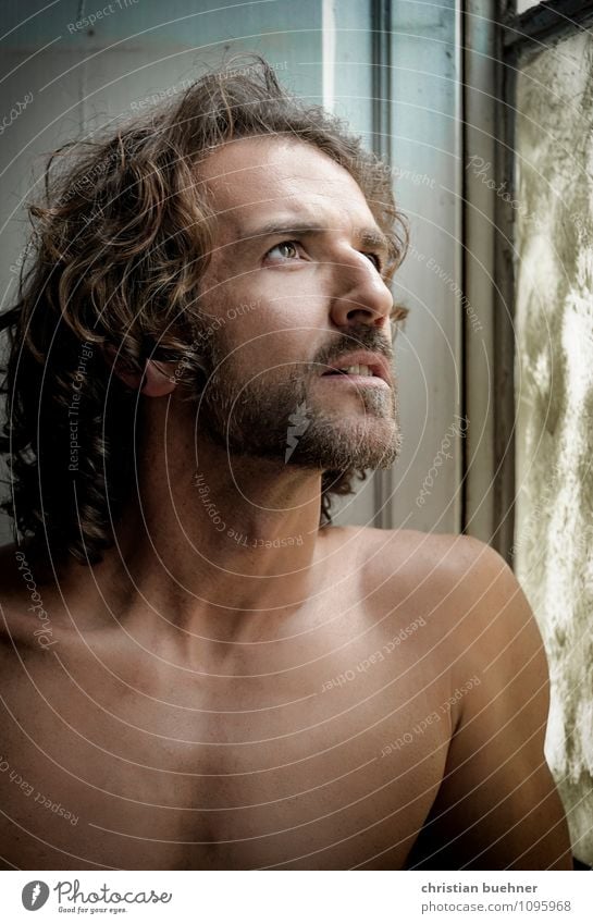 man in the window Masculine Homosexual Man Adults 30 - 45 years Fashion Brunette Long-haired Curl Designer stubble Smiling Looking Esthetic Athletic Authentic