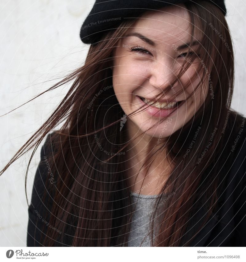 Yuliya Feminine Young woman Youth (Young adults) 1 Human being T-shirt Jacket Cap Brunette Long-haired Observe Relaxation Laughter Looking Happiness Beautiful