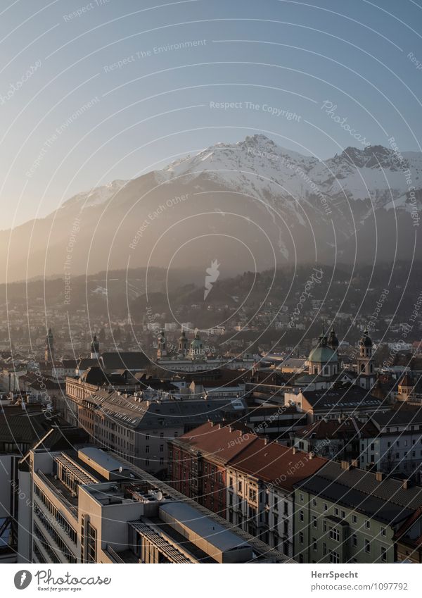 evening light Winter Beautiful weather Alps Mountain Peak Snowcapped peak Innsbruck Town Downtown Old town Building Architecture Historic Review Church spire