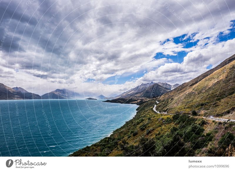 paradise, nz Environment Nature Landscape Water Clouds Summer Bad weather Storm Gale Hill Lake Lake Wakatipu Discover Blue Turquoise White Vacation & Travel
