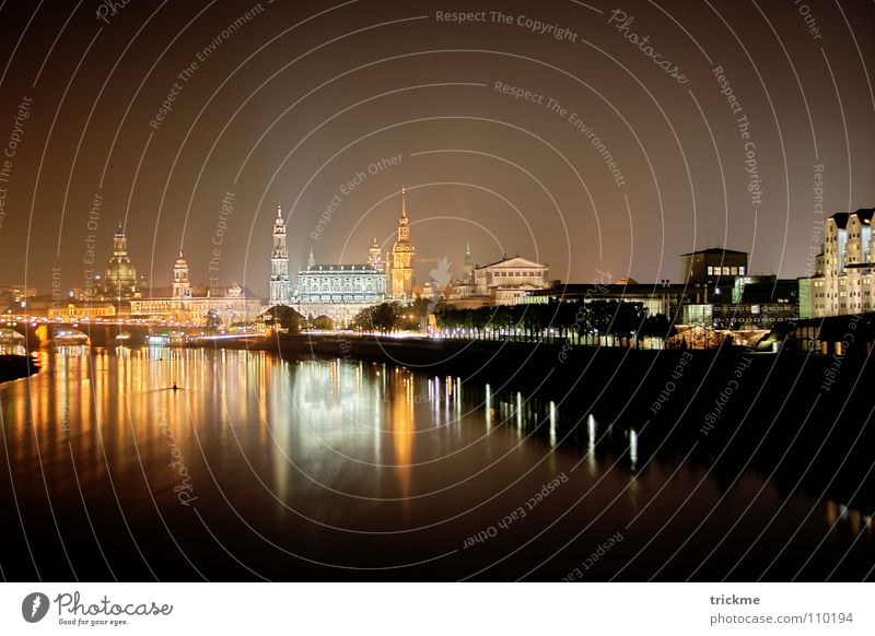 Dresden at night Town Light Night Dark Black Yellow House (Residential Structure) Lamp Calm Reflection Horizon Building Monument Tourist Vacation & Travel