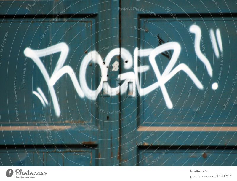 Roger? Door Wood Old Dirty Green White Graffiti Dust Colour photo Exterior shot Deserted