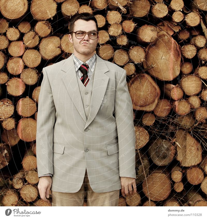 wood? Man Fellow Suit Jacket Vest Gray Brown Pants Tie Striped Hand Bright Theft Purloin Tight-fisted Fantastic Eyeglasses Stack of wood Wood Firewood Heat