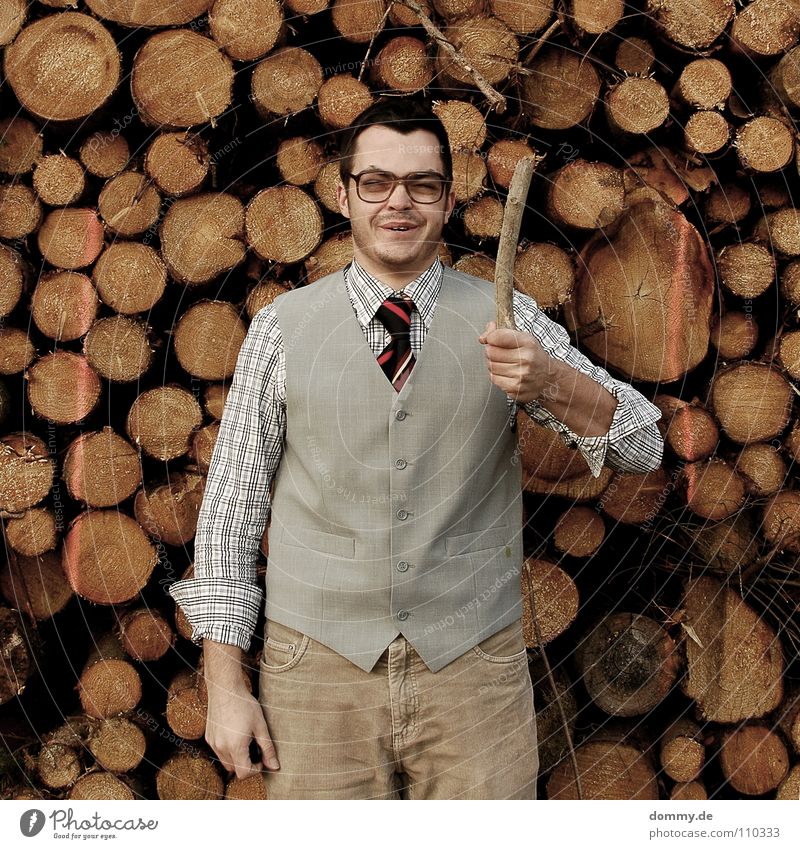 yoo Man Fellow Suit Jacket Vest Gray Brown Pants Tie Striped Hand Bright Theft Purloin Tight-fisted Fantastic Eyeglasses Stack of wood Wood Firewood Heat Winter