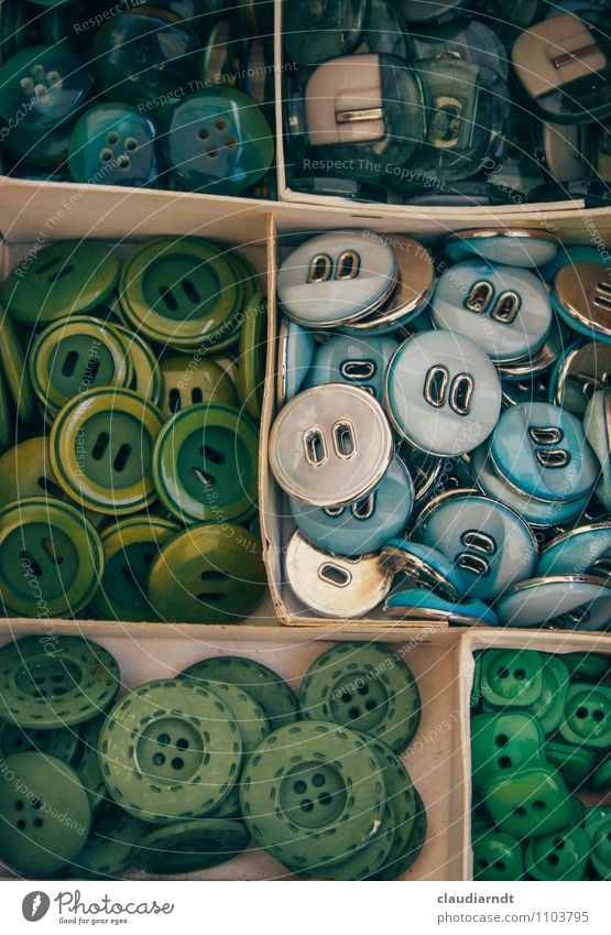 button box Box Collection Many Blue Green Buttons Arrange Flea market Flea market stall Difference Colour photo Detail Deserted Long shot