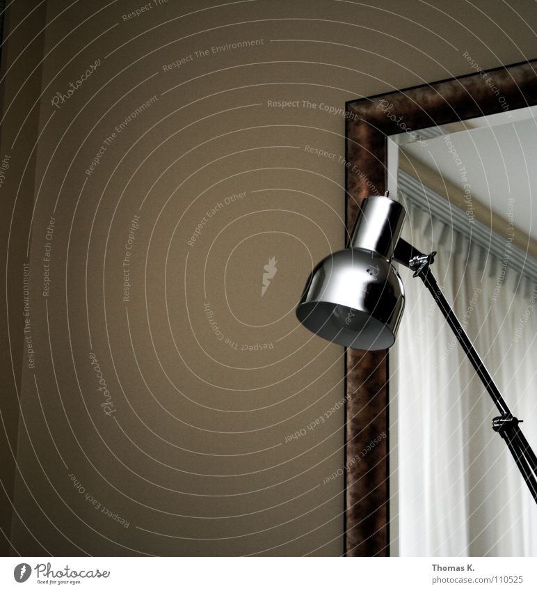 One luminaire Lamp Light Electric bulb Chrome Room Mirror Curtain Drape Wall (building) Boredom Interior design Frame