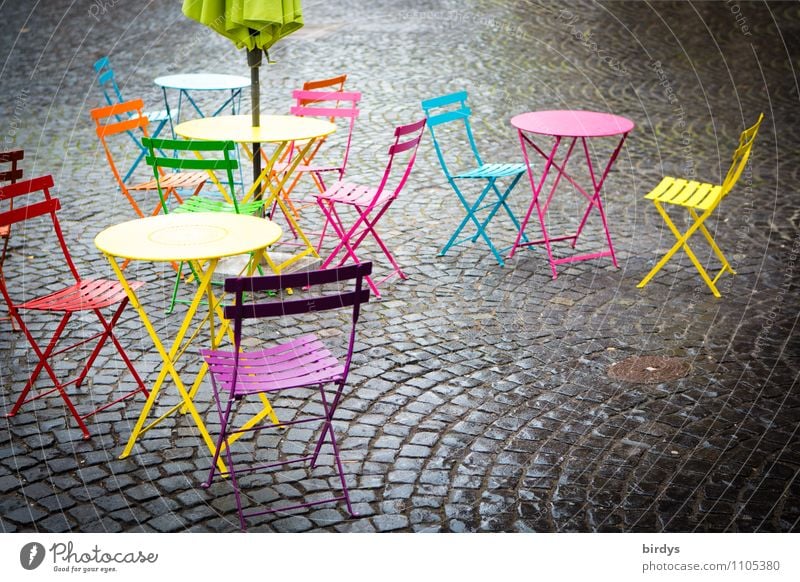Street cafe with empty, colourful chairs and tables Lifestyle Chair Table Gastronomy Town Old town Fresh Positive Blue Yellow Pink Red Sidewalk café Sunshade