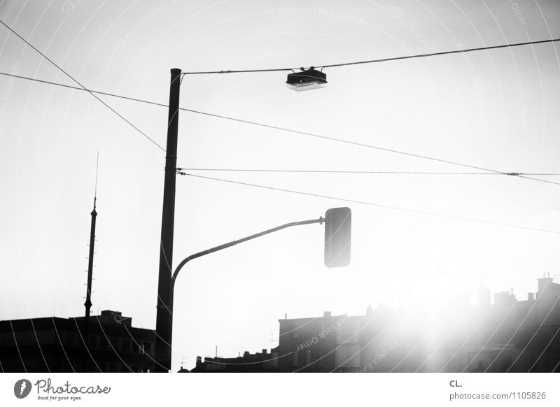 traffic light Cloudless sky Sun Sunlight Beautiful weather Town Deserted House (Residential Structure) Transport Traffic infrastructure Road traffic Street