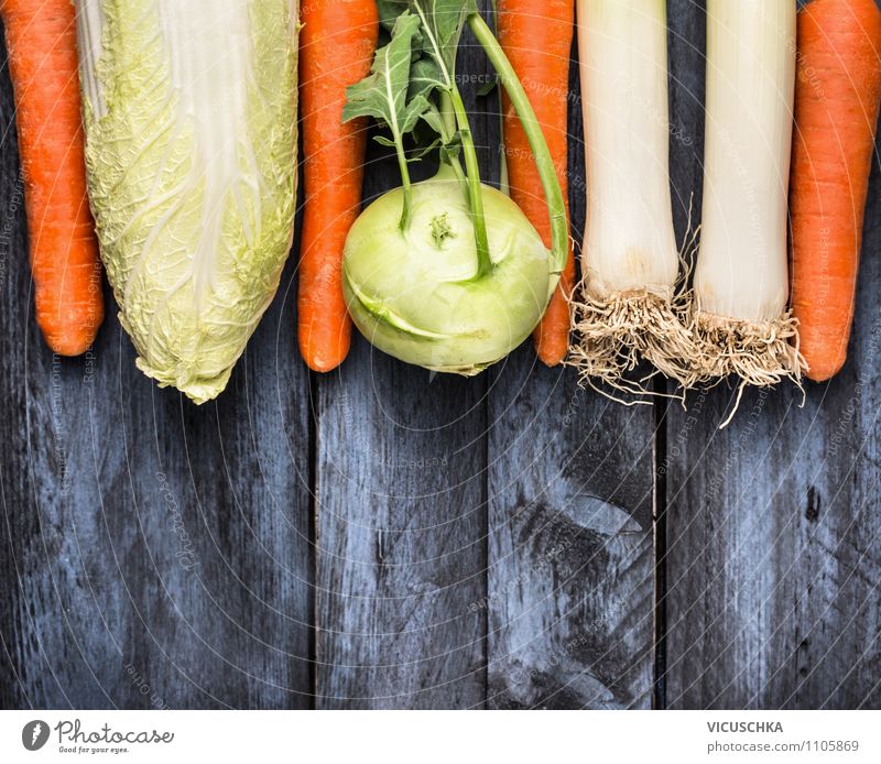 Vegetables on blue wooden table Food Nutrition Lunch Organic produce Vegetarian diet Diet Style Design Healthy Eating Garden Background picture Kohlrabi Carrot