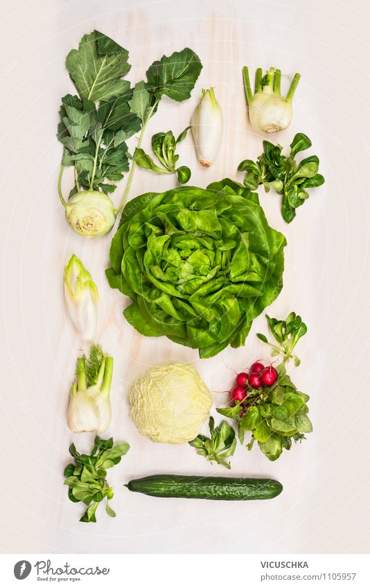 Variety of salad vegetables on a white wooden background Food Vegetable Lettuce Salad Nutrition Lunch Buffet Brunch Picnic Organic produce Vegetarian diet Diet