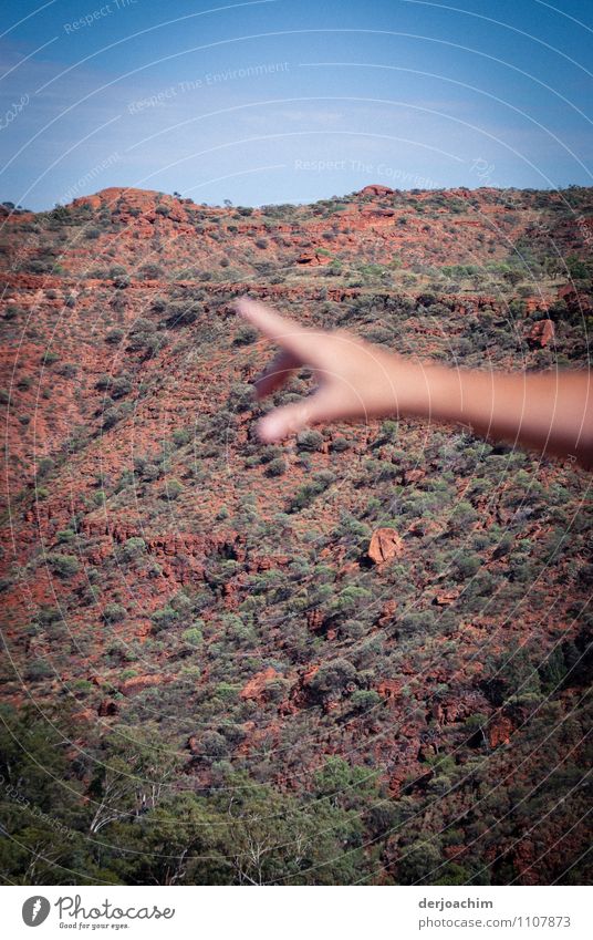 One hand shows ( finger pointing ) stretched out to the rock faces in Kings Canyon. Life Leisure and hobbies Trip Mountain Hiking Feminine Hand 1 Elements