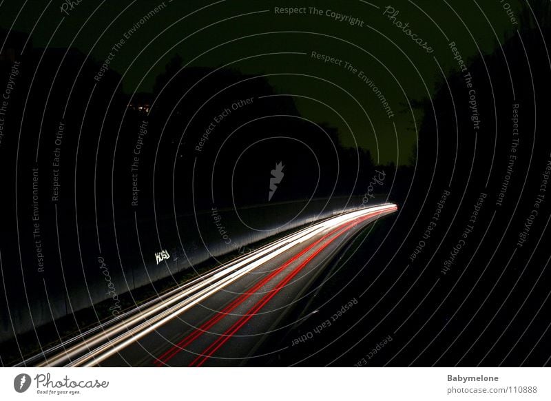 in the fast lane Freeway Highway Speed Overtake Night Dark Long exposure Transport Street Rear light Light Means of transport Traffic infrastructure Car Evening