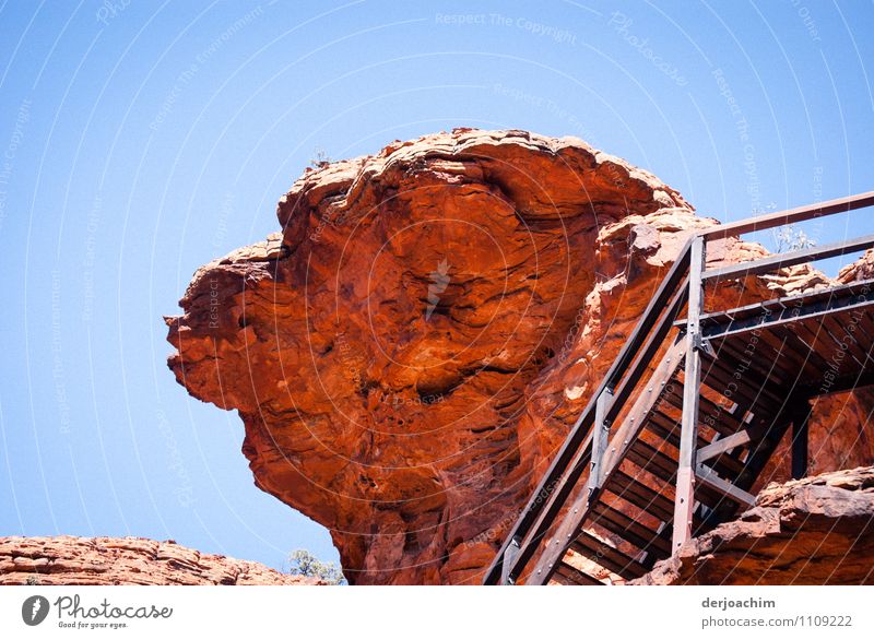 Overhanging Red Rock, with a stairway in Kings Canyon in the foreground and blue sky. Joy Calm Vacation & Travel Environment Elements Summer Beautiful weather