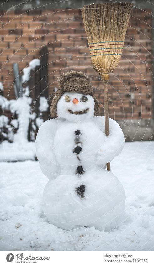 Snowman in the yard Joy Happy Face Playing Winter Feasts & Celebrations Man Adults Scarf Hat Smiling Authentic White cold Carrot Seasons christmas nose holiday