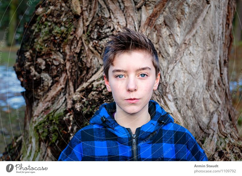 portrait of a young teenage boy with blue jacket Lifestyle pretty Winter Human being Masculine Young man Youth (Young adults) 1 13 - 18 years Child Nature Tree