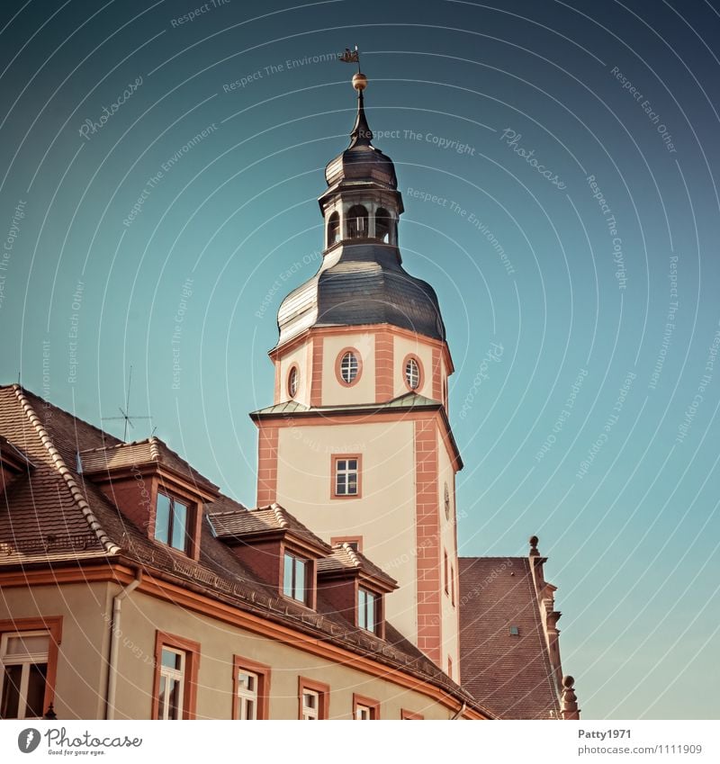 Town hall tower Ettlingen Tourism City trip Baden-Wuerttemberg Germany Europe Small Town City hall Tower Retro Subdued colour Exterior shot Day