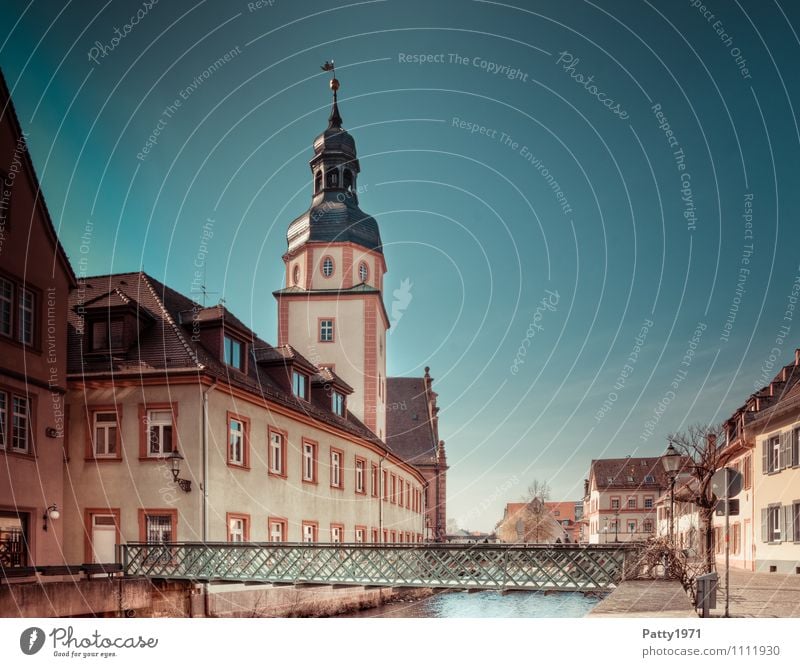 City view Ettlingen Tourism City trip Brook Baden-Wuerttemberg Germany Europe Small Town Old town House (Residential Structure) City hall Bridge Tower Retro