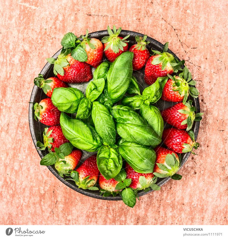 Strawberries and basil in a grey plate Food Fruit Dessert Nutrition Breakfast Organic produce Vegetarian diet Diet Plate Bowl Style Design Healthy Eating Life
