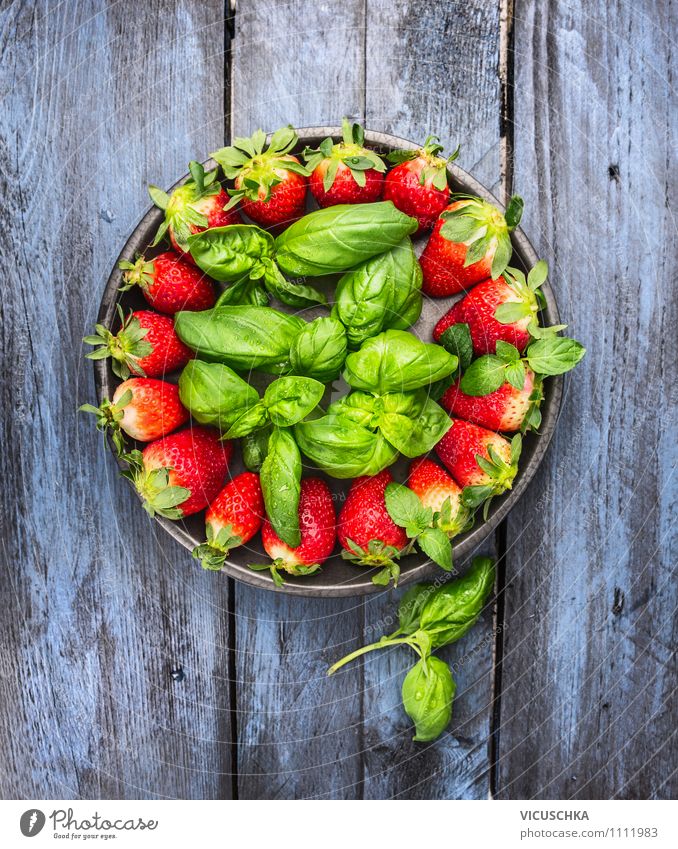 Strawberries and basil on a blue wooden table Food Fruit Dessert Herbs and spices Nutrition Breakfast Organic produce Vegetarian diet Diet Plate Bowl Style