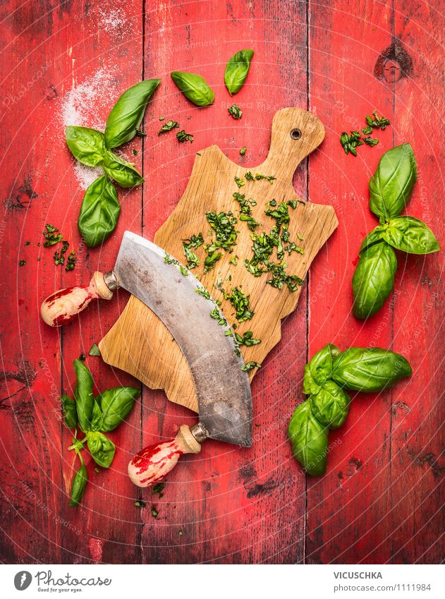 Basil on chopping board with old herb knife Food Herbs and spices Nutrition Organic produce Vegetarian diet Diet Knives Style Design Healthy Eating Life Garden
